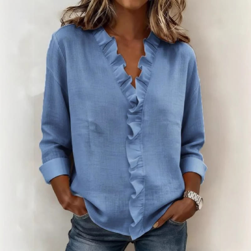Elegant Cozy Solid Overlapping Ruffle V-neck Long-sleeve Blouse - Blue - 3XL - image 1