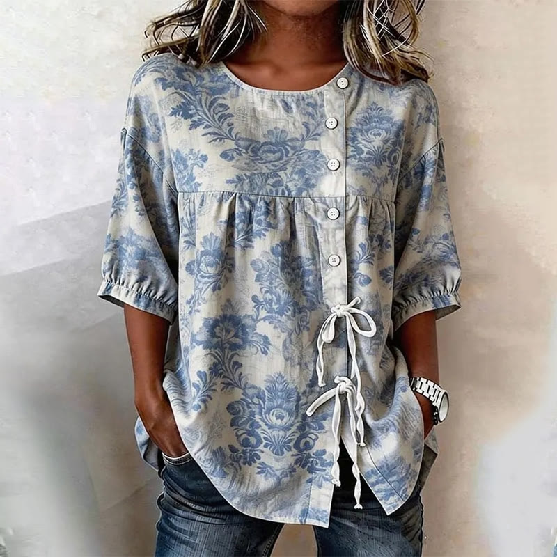 Boho Floral Print Half Sleeve Crew Neck Button&tie Slit Blouse - Blue - 2XL - image 1