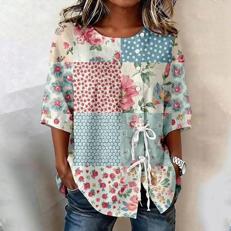 Pastoral Romantic Floral Patchwork Print Print Half Sleeve Crew Neck Button&tie Slit Blouse - Multicolor - 2XL - image 1