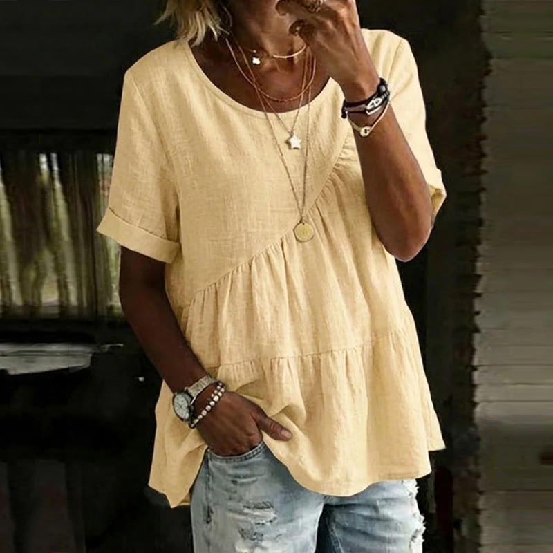 Elegant Solid Round Neck Short-sleeve Asymmetrical Ruffle Hem Blouse - Yellow - 3XL - image 2