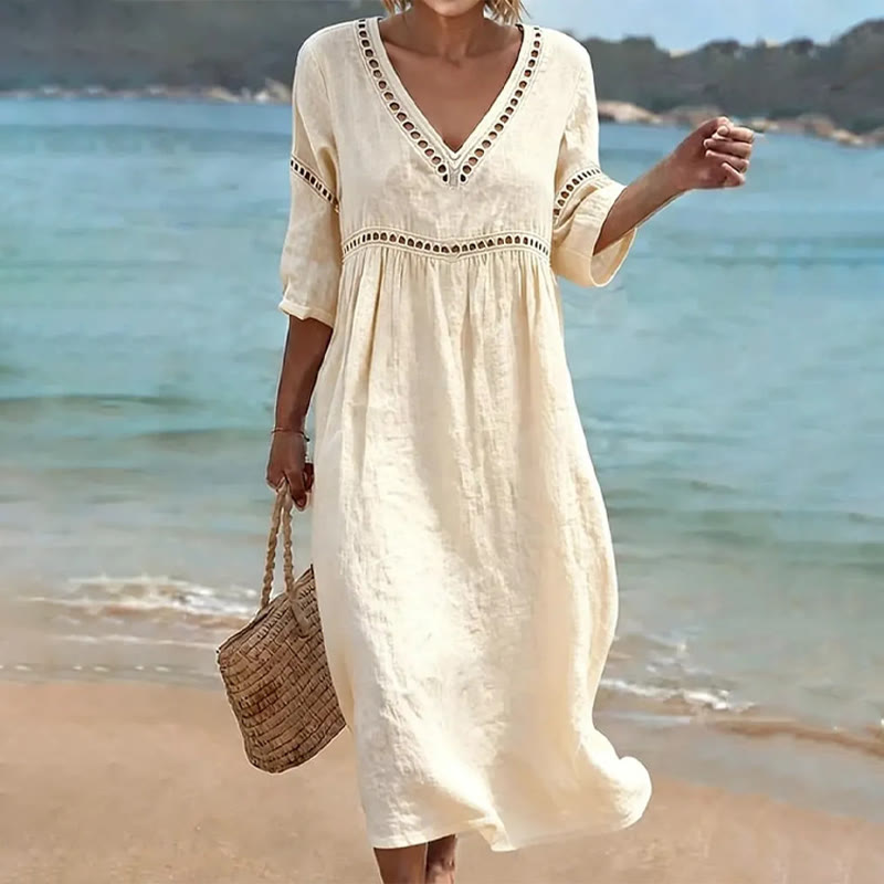 Elegant Solid Openwork Lace V-neck Half Sleeve Maxi Dress - Beige - 3XL - image 1