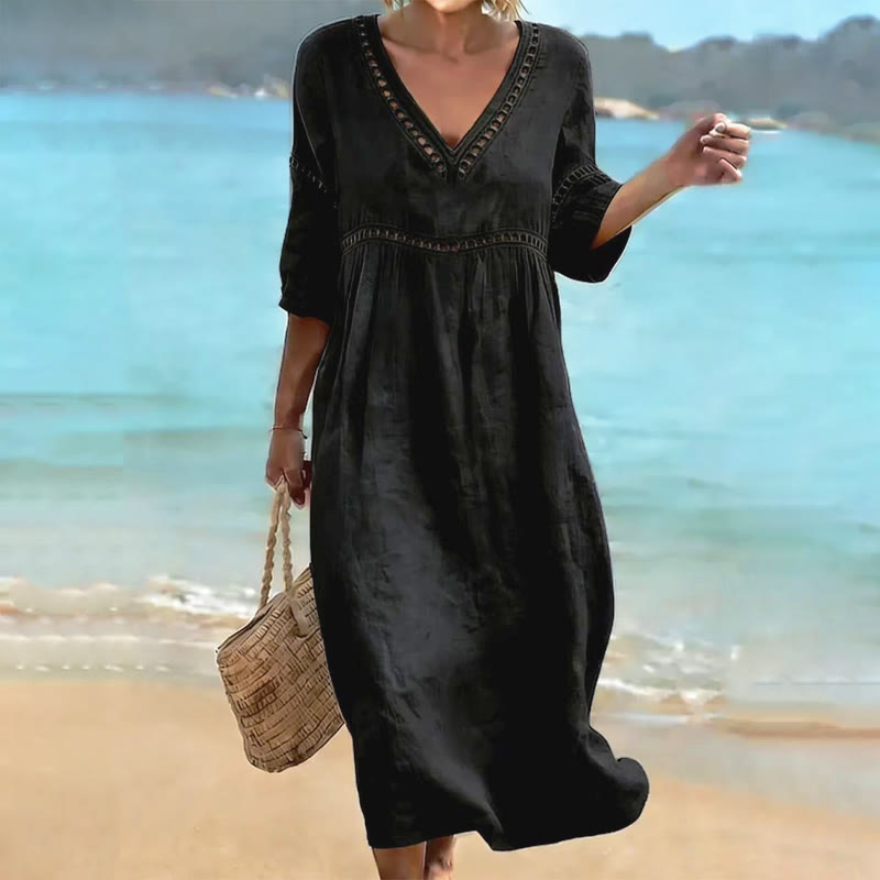 Elegant Solid Openwork Lace V-neck Half Sleeve Maxi Dress - Black - 3XL - image 7