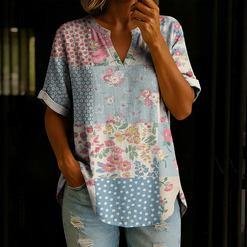  Pastoral Romantic Floral Patchwork Print Color Short Sleeve Casual Blouse - Multicolor - 5XL - image 1