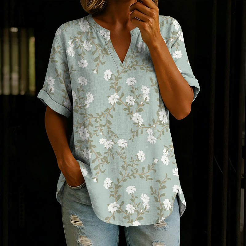  Vintage Flowering Vines Art Print Color Short Sleeve Casual Blouse - Light Green - 5XL - image 1