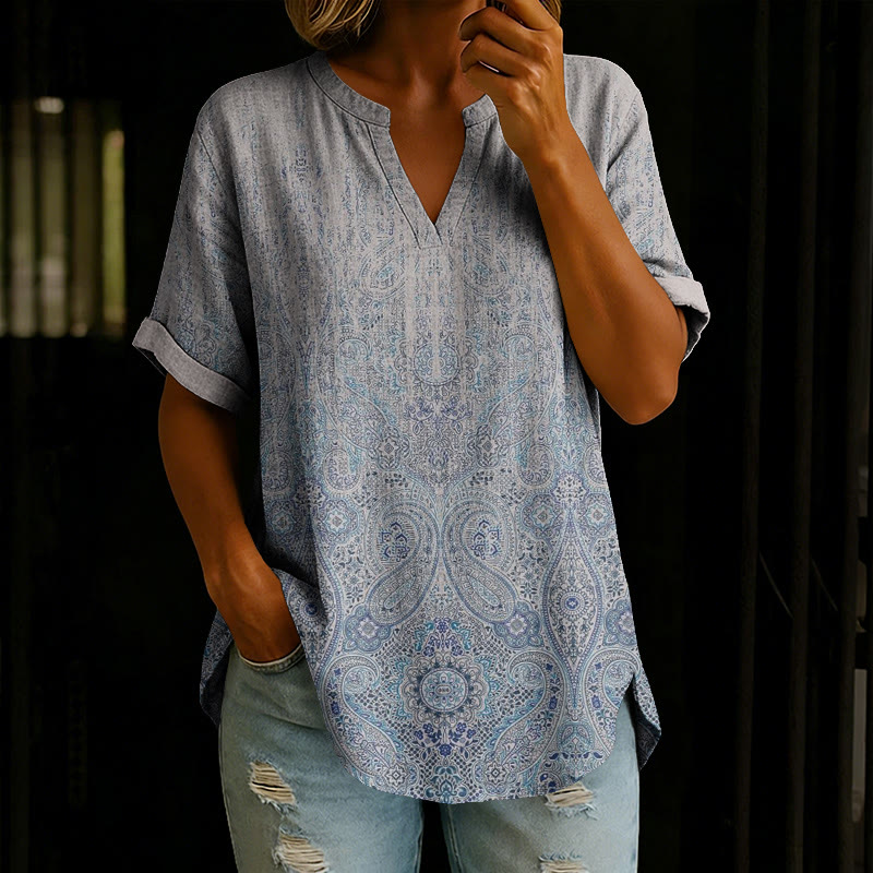 Boho Ethnic Paisley Gradient Print Color Short Sleeve Casual Blouse - Blue - 5XL - image 1
