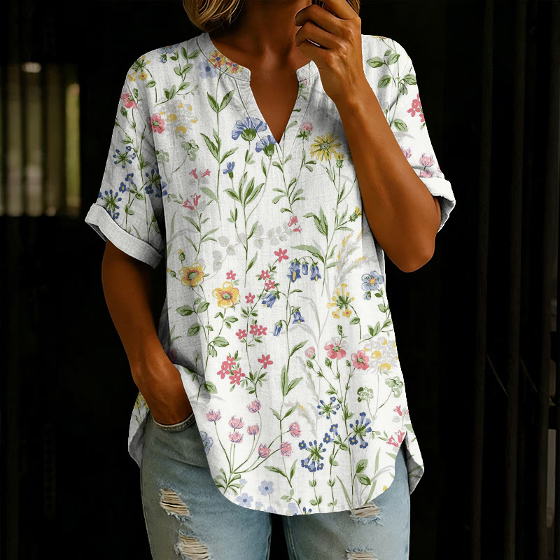Pastoral Watercolor Flowers And Plants Print Short Sleeve Casual Blouse - White - 5XL - image 1