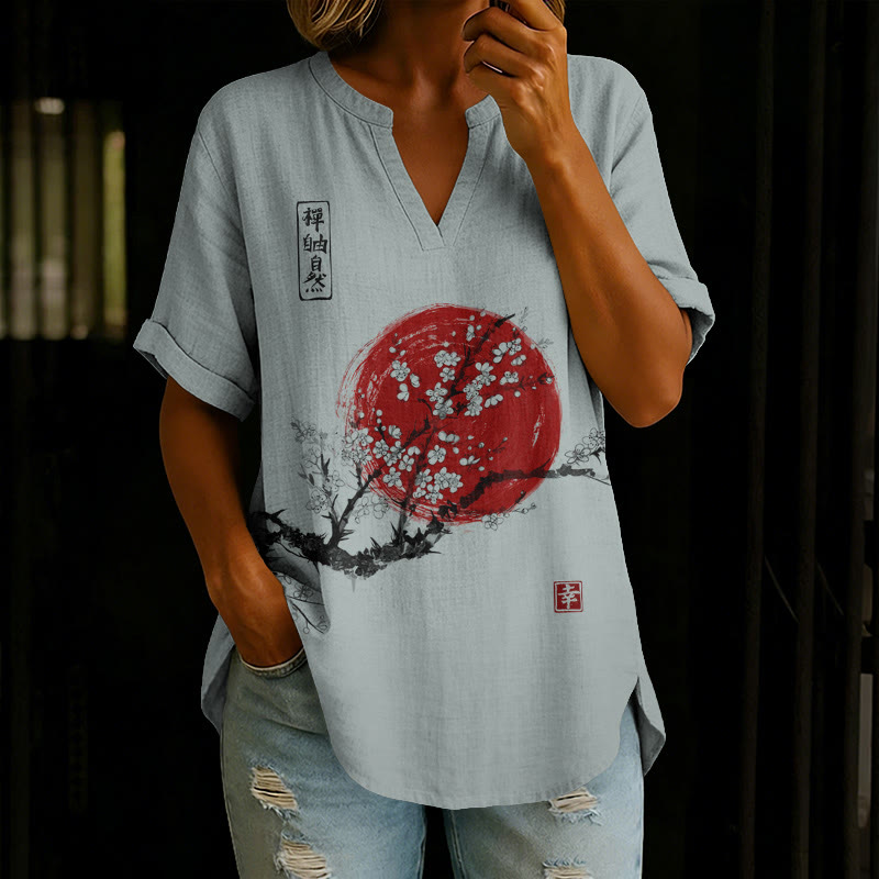 Women's Sunrise Japanese Art Print Print Short Sleeve Casual Blouse - Grey - 5XL - image 2