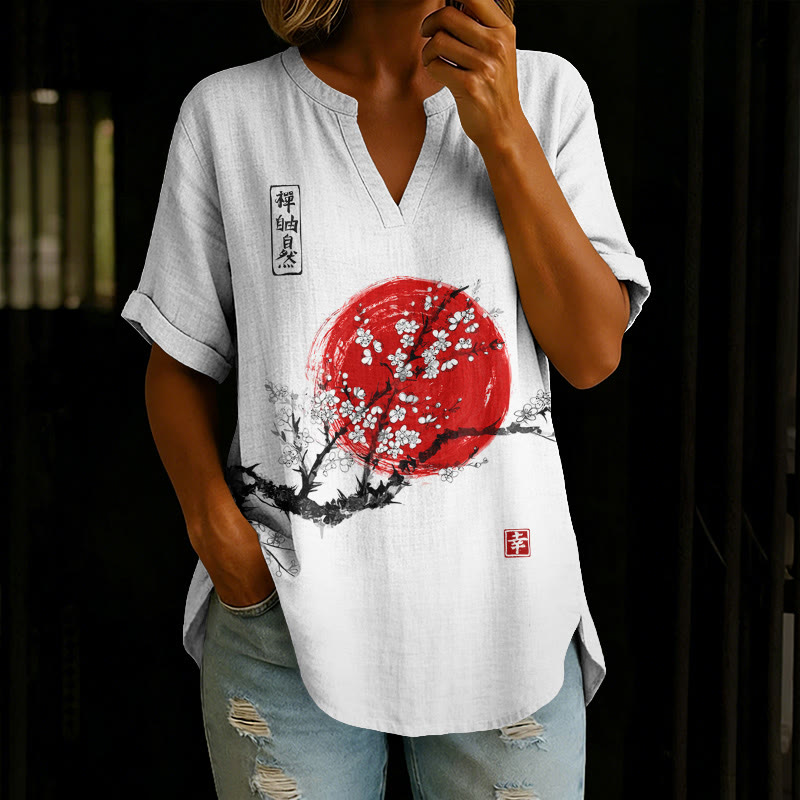 Women's Sunrise Japanese Art Print Print Short Sleeve Casual Blouse - White - 5XL - image 1