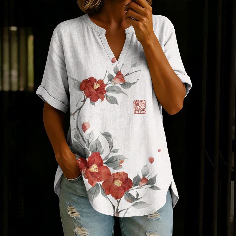 Japanese Watercolor Camellia Pattern Print Short Sleeve Casual Blouse - White - 5XL - image 1