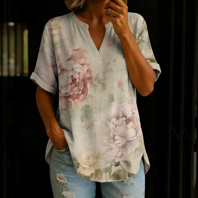 Vintage Watercolor Old Roses Art Print Short Sleeve Casual Blouse - Apricot - 5XL - image 1