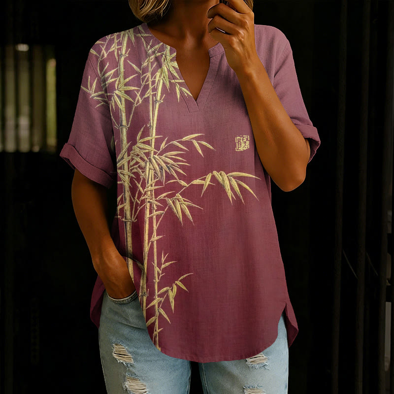 Vintage Gold Leaf Bamboo Art Print Short Sleeve Casual Blouse - Red - 5XL - image 2