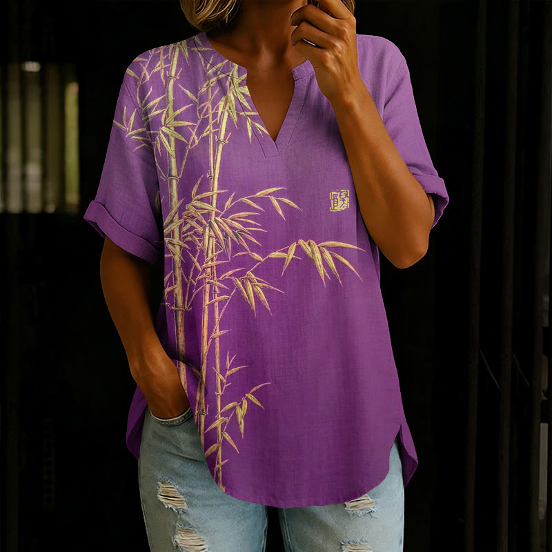 Vintage Gold Leaf Bamboo Art Print Short Sleeve Casual Blouse - Purple - 5XL - image 1