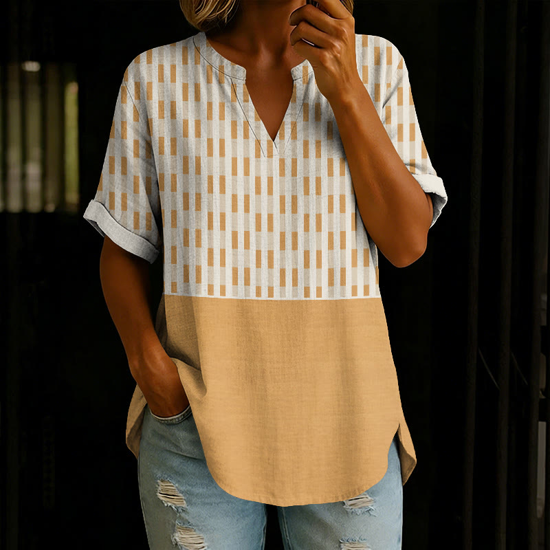 Vintage Elegant Rational Geometry Pattern Print Short Sleeve Casual Blouse - Yellow - 5XL - image 1