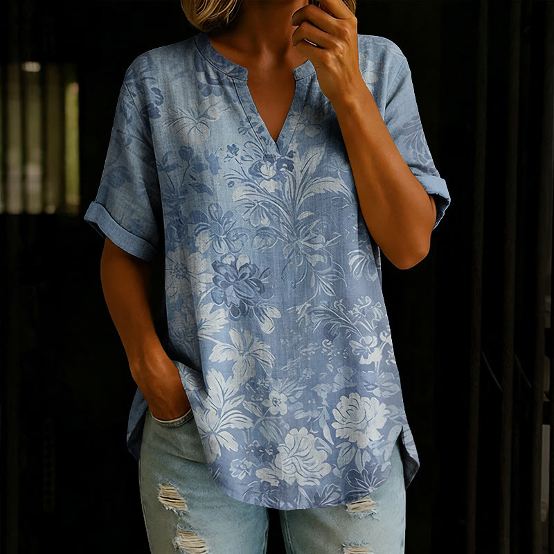 Vintage Roses Floral Silhouette Gradient Art Print Short Sleeve Casual Blouse - Dark Blue - 5XL - image 1