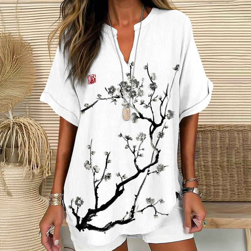 Vintage Sumi-e Plum Bossom Art Print Short Sleeve Casual Blouse - White - 5XL - image 1