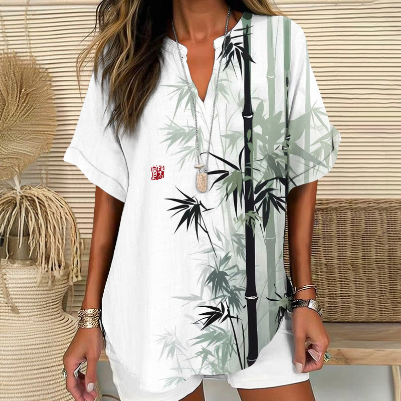 Japanese Vintage Bamboo And Silhouettes Art Print Short Sleeve Casual Blouse - White - 5XL - image 1