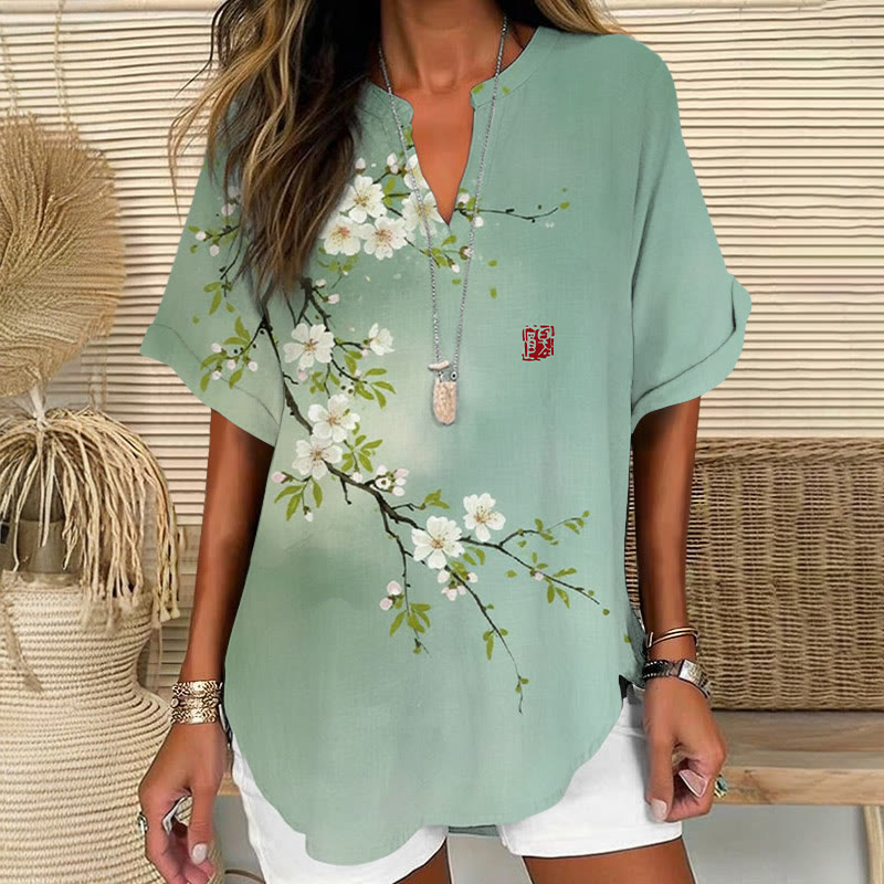 Japanese Vintage A Sprig Of White Cherry Blossoms Art Print Short Sleeve Casual Blouse - Light Green - 5XL - image 1