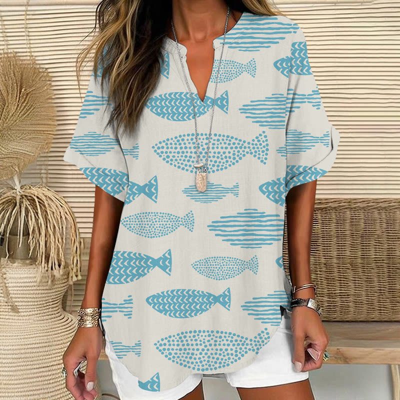 Minimalist Geometric Fish Print Short Sleeve Casual Blouse - Apricot - 5XL - image 2