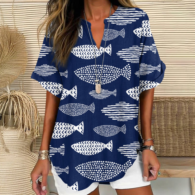 Minimalist Geometric Fish Print Short Sleeve Casual Blouse - Blue - 5XL - image 3