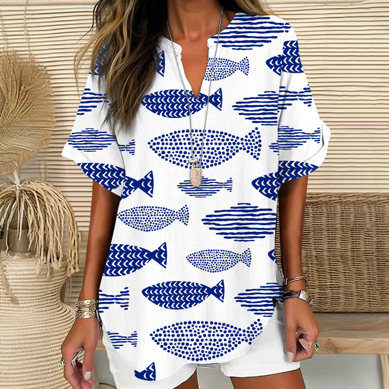 Minimalist Geometric Fish Print Short Sleeve Casual Blouse - White - 5XL - image 1