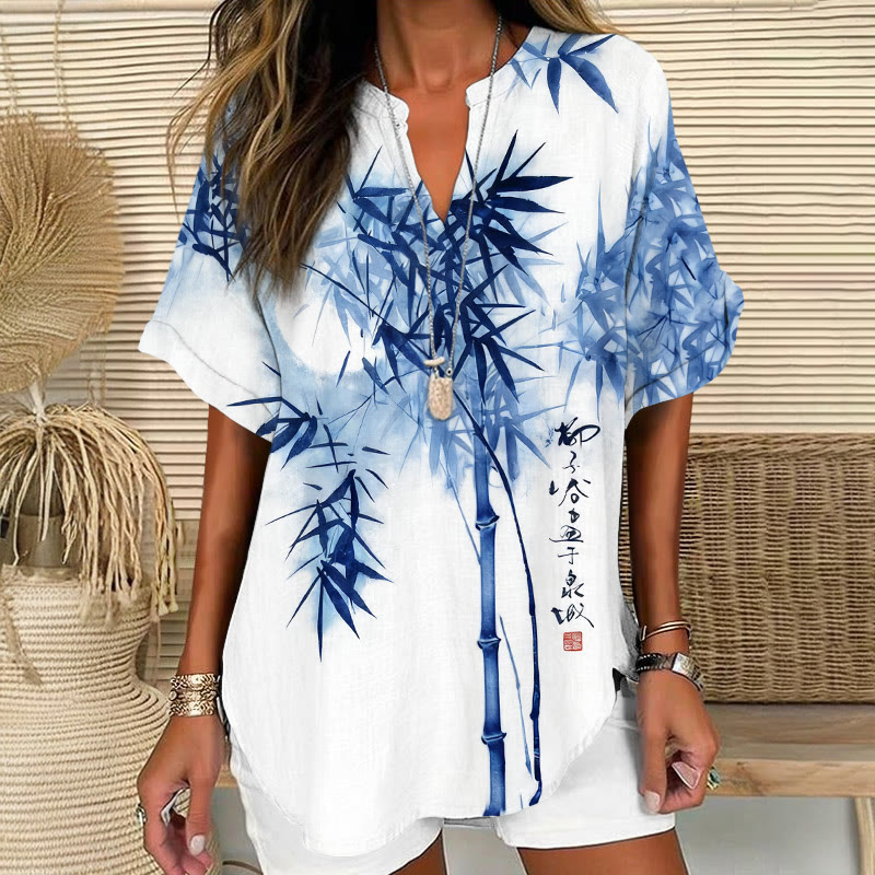 Vintage Ink Painting Of Bamboo Forest Art Pattern Print Short Sleeve Casual Blouse - Blue - 5XL - image 1