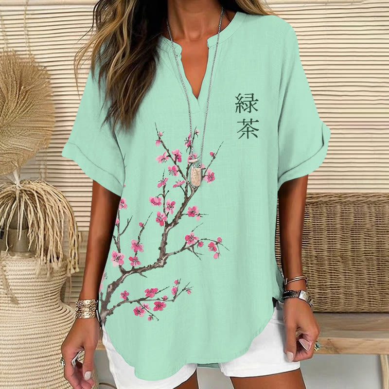 Japanese Sakura Cherry Blossoms Art Patterns Print Short Sleeve Casual Blouse - Light Green - 5XL - image 1