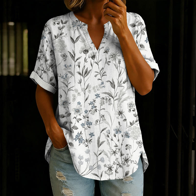 Pastoral Watercolor Flowers And Plants Print Short Sleeve Casual Blouse - Light Gray - 5XL - image 4