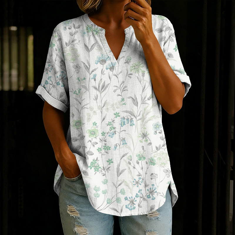 Pastoral Watercolor Flowers And Plants Print Short Sleeve Casual Blouse - Light Green - 5XL - image 2