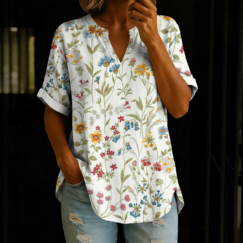 Pastoral Watercolor Flowers And Plants Print Short Sleeve Casual Blouse - Olive Green - 5XL - image 3