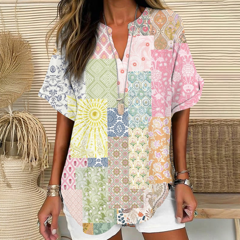 Boho Pastoral Floral Ethnic Patchwork Print Short Sleeve Casual Blouse - Light Pink - 5XL - image 1