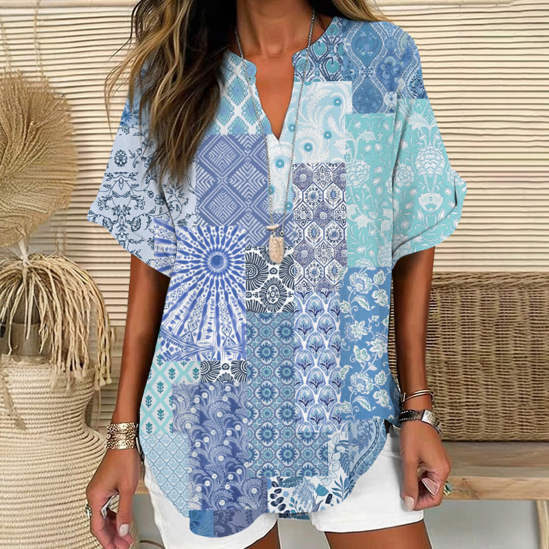 Boho Pastoral Floral Ethnic Patchwork Print Short Sleeve Casual Blouse - Blue - 5XL - image 3