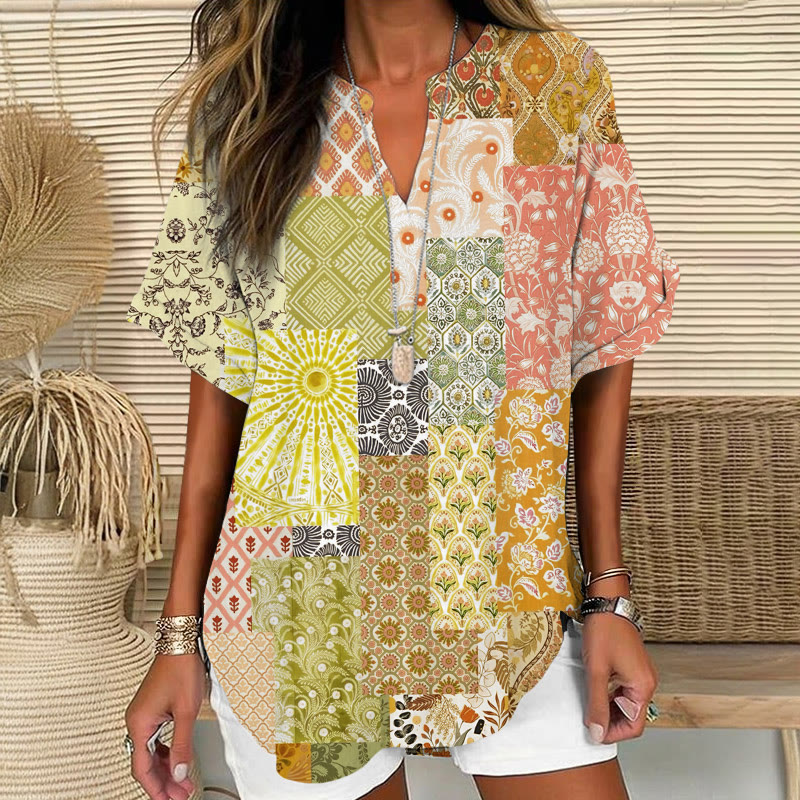 Boho Pastoral Floral Ethnic Patchwork Print Short Sleeve Casual Blouse - Khaki - 5XL - image 2
