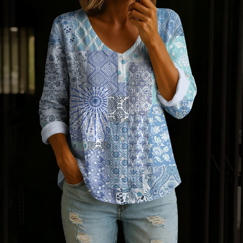 Boho Pastoral Floral Ethnic Patchwork Print Button V-neck A-line Long Sleeve Blouse - Blue - 4XL - image 2