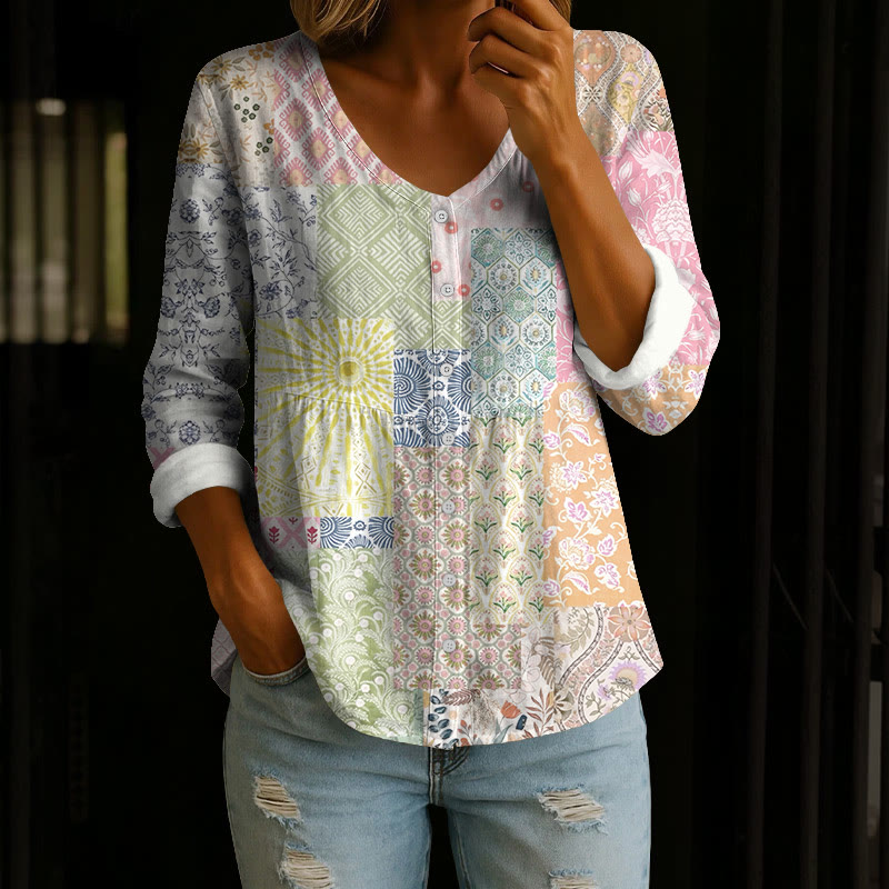 Boho Pastoral Floral Ethnic Patchwork Print Button V-neck A-line Long Sleeve Blouse - Light Pink - 4XL - image 1