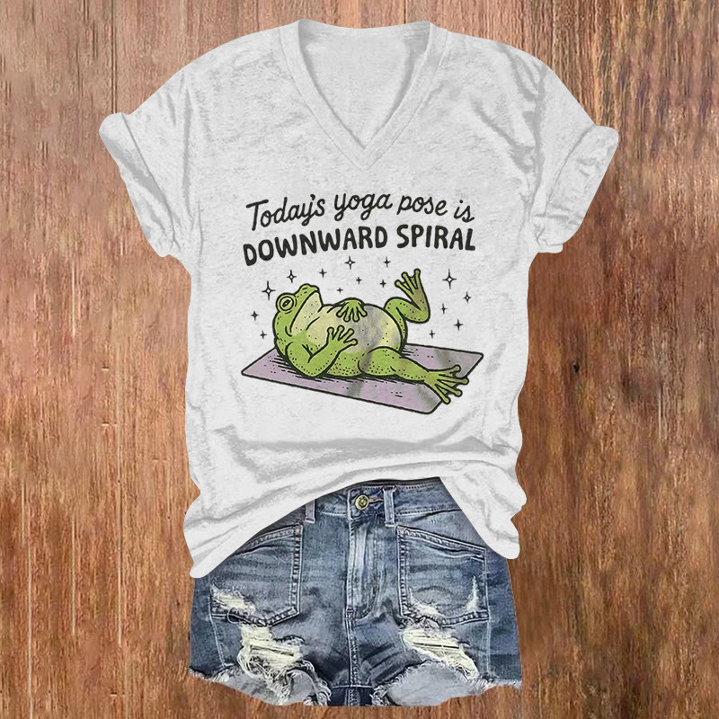 A Whimsical Frog Lies Down To Practice Yoga Printed Short Sleeved V-neck T-shirt - Light Gray - US32-34(5XL) - image 2