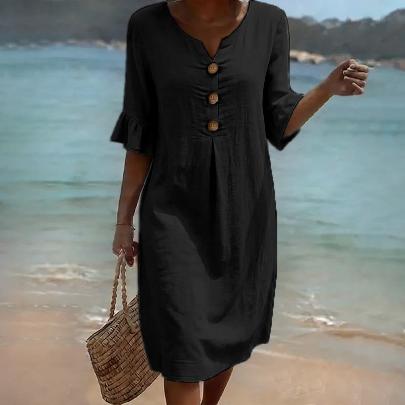 Elegant Cozy Solid Notched Collar Button Ruffled Half Midi Dress - Black - 3XL - image 8