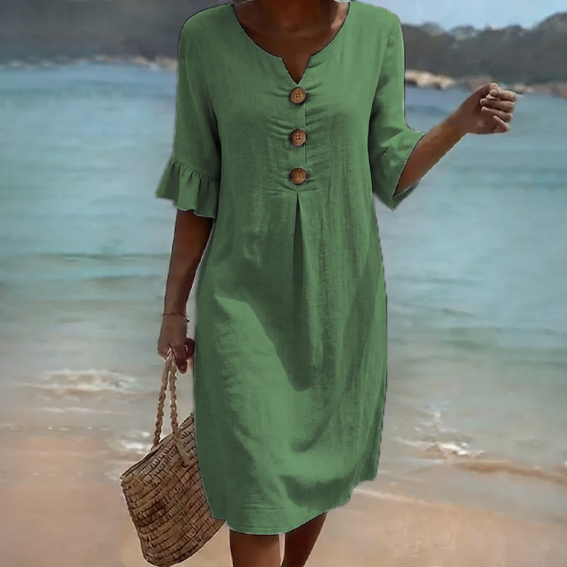 Elegant Cozy Solid Notched Collar Button Ruffled Half Midi Dress - Green - 3XL - image 2