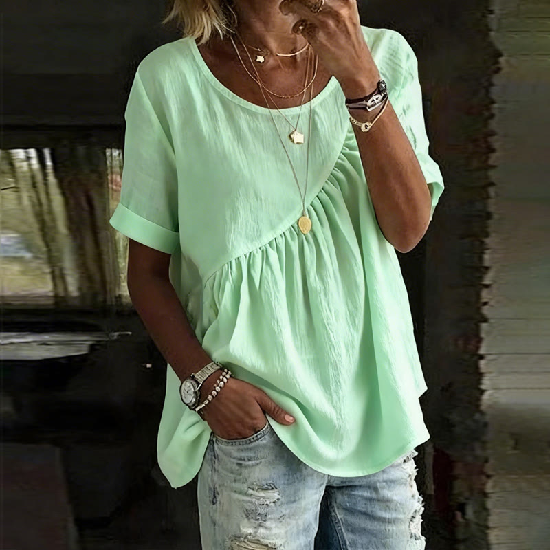  Elegant Solid Irregular Cut Ruffled Hem Round Neck Short-sleeve Blouse - Light Green - 3XL - image 1