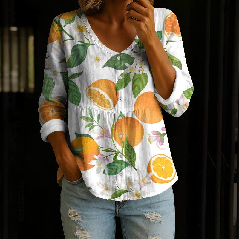 Summer Vacation Orange Blossoms Pattern Print Button V-neck A-line Long Sleeve Blouse - White - 4XL - image 1