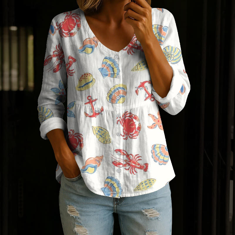  Marine Watercolor Crab And Lobster Pattern Print Button V-neck A-line Long Sleeve Blouse - White - 4XL - image 1