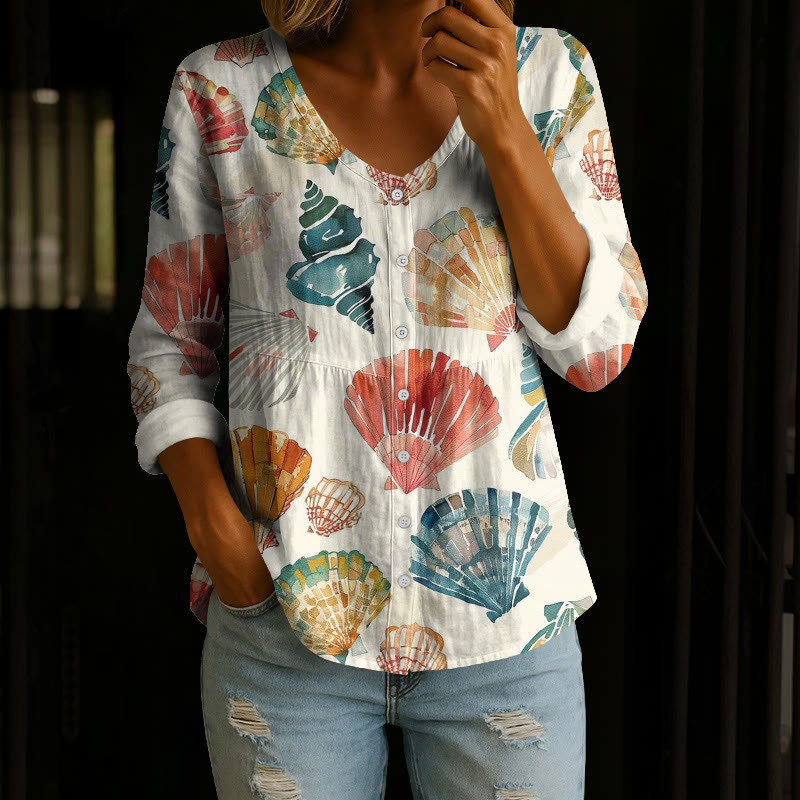 Beach Watercolor Shells And Conch Pattern Print Button V-neck A-line Long Sleeve Blouse - Apricot - 4XL - image 1