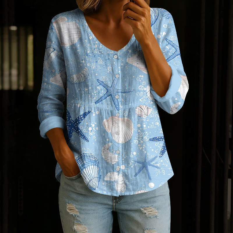 Sea Foam And Shells Pattern Print Button V-neck A-line Long Sleeve Blouse - Blue - 4XL - image 1