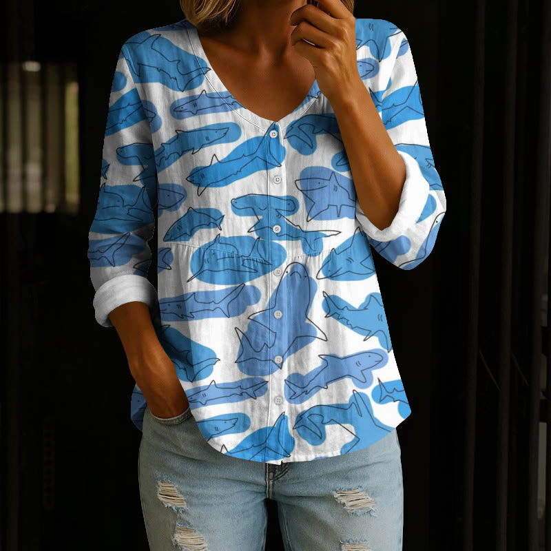 Ocean Watercolor Shark Pattern Print Button V-neck A-line Long Sleeve Blouse - Blue - 4XL - image 3