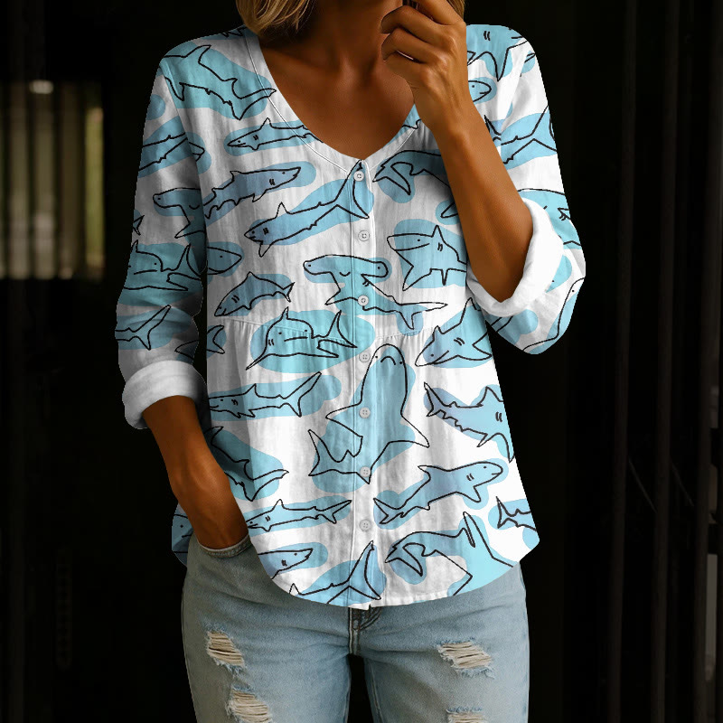 Ocean Watercolor Shark Pattern Print Button V-neck A-line Long Sleeve Blouse - Lake Blue - 4XL - image 2