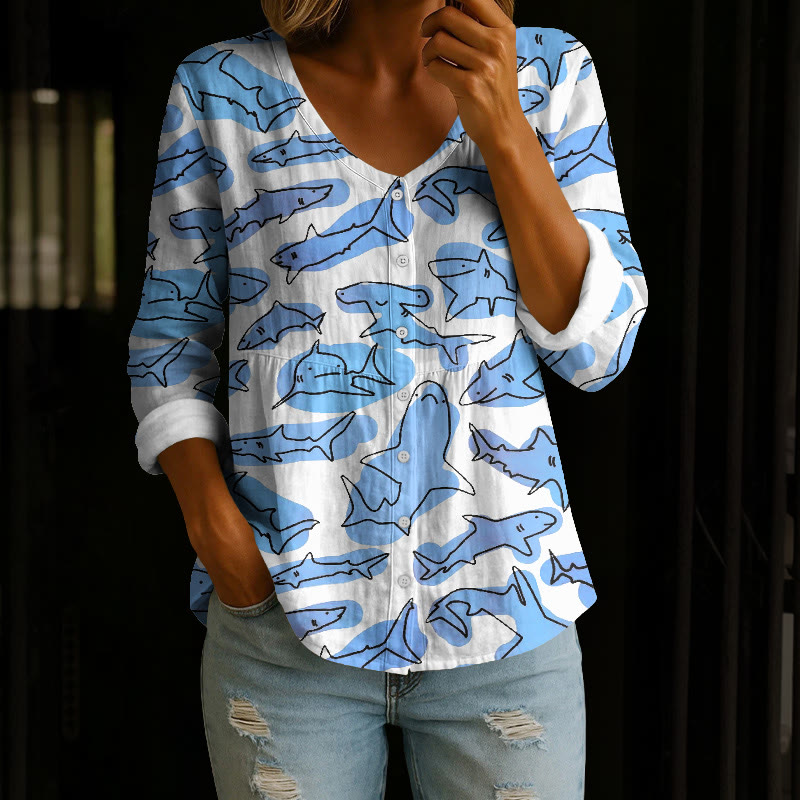 Ocean Watercolor Shark Pattern Print Button V-neck A-line Long Sleeve Blouse - Light Blue - 4XL - image 1