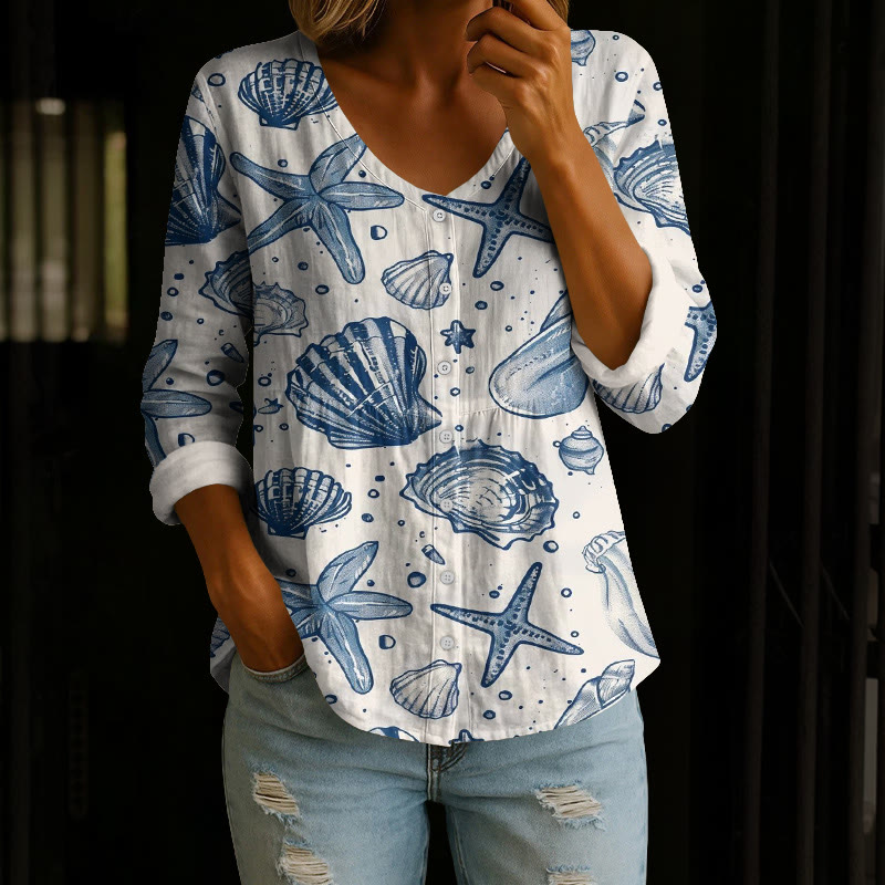 Marine Shell And Starfish Sketch Art Pattern Print Button V-neck A-line Long Sleeve Blouse - Apricot - 4XL - image 1