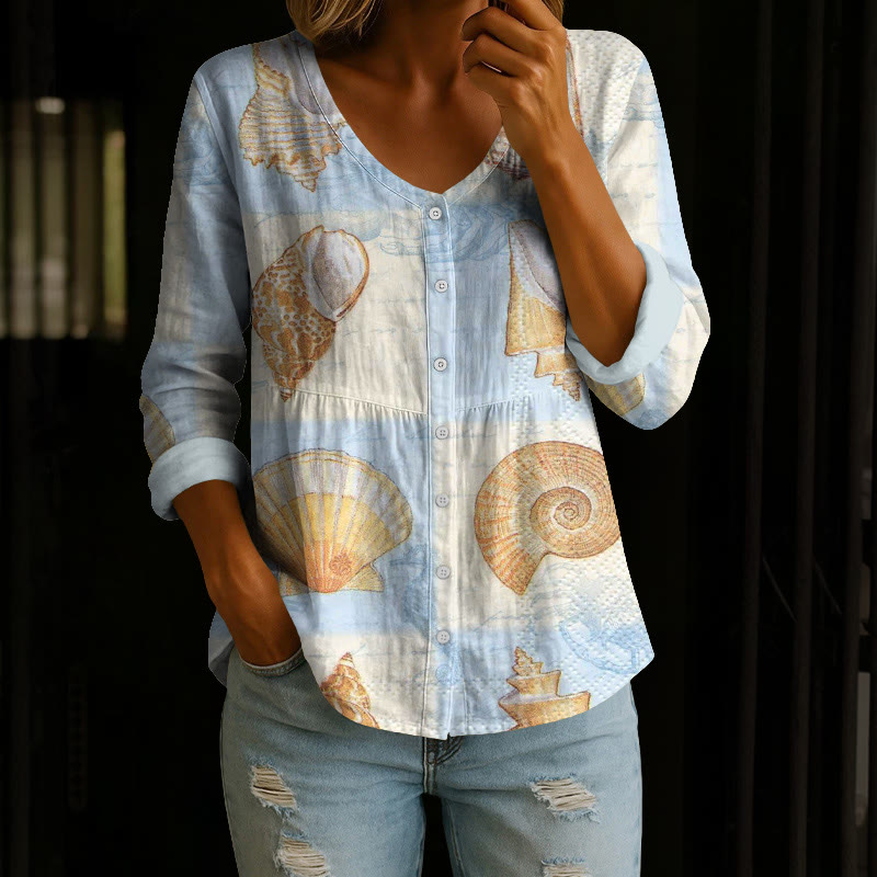 Vintage Marine Conch And Shells Art Pattern Print Button V-neck A-line Long Sleeve Blouse - Light Blue - 4XL - image 1