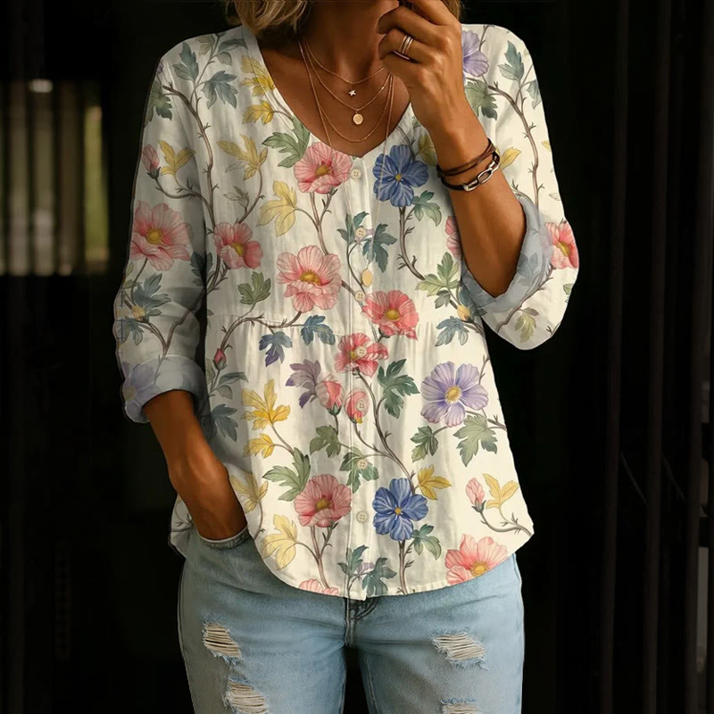 Retro Colorful Flowers Pattern Print Button V-neck A-line Long Sleeve Blouse - Apricot - 4XL - image 1