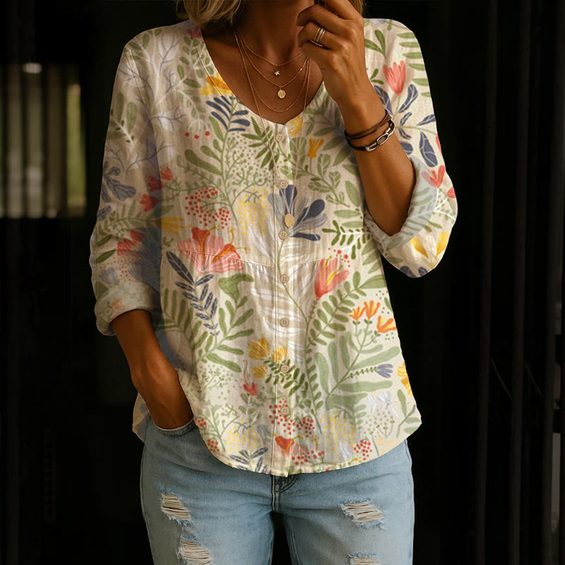 Vintage Wildflowers And Wild Grasses Pattern Print Button V-neck A-line Long Sleeve Blouse - Apricot - 4XL - image 1