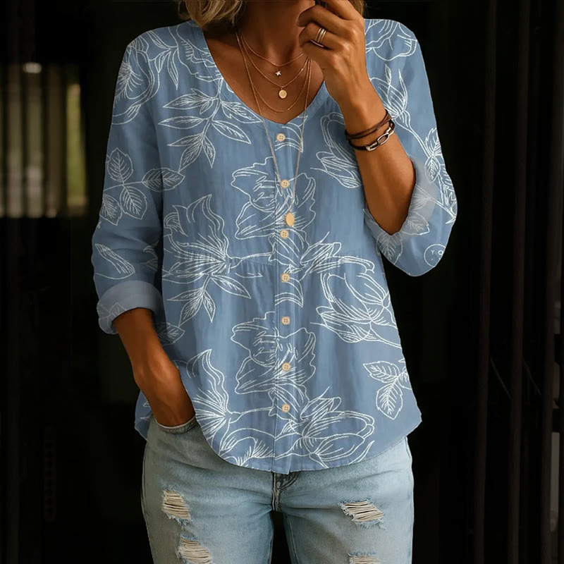 Elegant Lily Line Art Pattern Print Button V-neck A-line Long Sleeve Blouse - Blue - 4XL - image 1